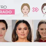 Ilustración y fotos de mujeres con **cara cuadrada**. Angelina Jolie, Salma Hayek y Keira Knightley muestran este tipo de rostro.