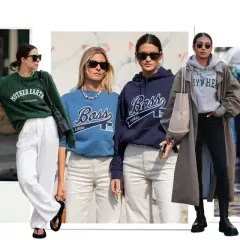Mujeres con estilo lucen un **hoodie** gris, verde, azul y marino, combinados con pantalones y abrigos.