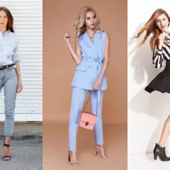 Tres looks que demuestran qué ropa favorece a las bajitas: jeans, traje sastre y falda con blusa.