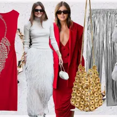Ideas para como vestir en Noche Vieja: vestidos rojos, faldas de plumas, pantalones plateados y accesorios brillantes.