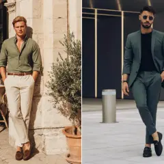 Dos hombres lucen elegantes. Uno con camisa verde y pantalones beige, el otro con traje verde. Verde y marrón combinan a la perfección.