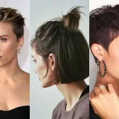 Tres estilos de peinados pelo corto: pixie, moño alto y bob.