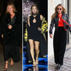 Kate Moss luce varios looks icónicos: elegante con terciopelo negro, glamurosa con abrigo de pelo, audaz en pasarela y chic con chaqueta de cuero y terciopelo azul.