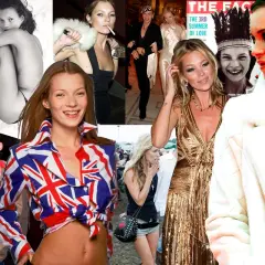 Collage de fotos de Kate Moss joven en diferentes atuendos, incluyendo un vestido dorado y una camisa con la Union Jack.