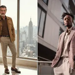 Hombre con un impecable outfit smart casual, chaqueta color camel, polo marrón y pantalones beige.