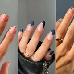 Tres manicuras elegantes: uñas francesas con pedrería, diseño abstracto azul marino y plateado, y uñas minimalistas con detalles metálicos. ¡Ideas de diseño de uñas bonitas!