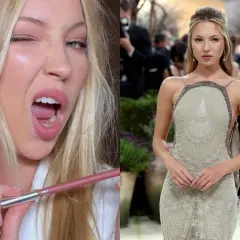 Lila Moss, con labios rosados y un guiño, aplica delineador. En otra imagen, luce un vestido de gala adornado.