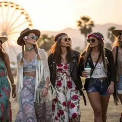 Cinco amigas pasean con un estilo boho, luciendo vestidos florales, sombreros y accesorios playeros.
