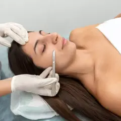 Una esteticista realiza un dermaplaning facial a una mujer, eliminando vello fino y células muertas con un bisturí.
