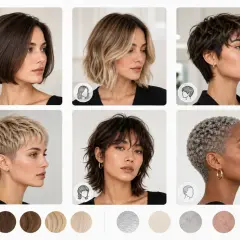 Seis estilos de corte de pelo corto mujer: bob oscuro, rubio ondulado, pixie texturizado, mullet moderno, rubio platino y rizado plateado.