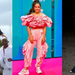 Tres mujeres muestran cómo vestir con chándal: un mono de carreras, un conjunto rosa voluminoso y un traje de terciopelo azul.