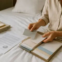Manos revisan muestras de tela, incluyendo opciones de poliéster reciclado, junto a documentos y textiles doblados sobre una cama.