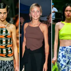Tres mujeres lucen estilos de los años 90: un top de punto geométrico, un top marrón de tirantes finos y un top verde neón con falda estampada.