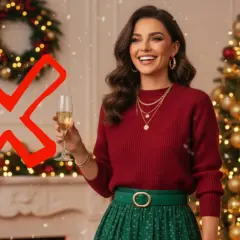 Mujer sonriente con copa de champán, vestida con suéter rojo y falda verde. El **rojo y verde combinan** perfectamente con la decoración navideña.