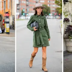 Tres mujeres muestran cómo combinar vestido camisero largo: con botas blancas, botas de vaquero o sombrero y cesta.