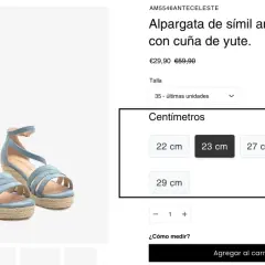 Alpargatas azules con cuña de yute. Se muestra cómo se mide el tacon de un zapato en centímetros, con opciones de 22, 23, 27, 28 y 29 cm.