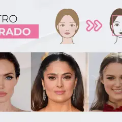 Ilustración y fotos de mujeres con **cara cuadrada**. Angelina Jolie, Salma Hayek y Keira Knightley muestran este tipo de rostro.