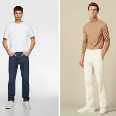 Dos hombres modelan ropa. El de la izquierda lleva vaqueros de corte recto (straight fit significado) y camiseta blanca. El de la derecha, pantalones blancos y jersey de cuello alto.
