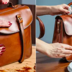 Manos limpiando un bolso de cuero marrón con un paño. Aprende como limpiar cuero marrón para mantenerlo como nuevo.