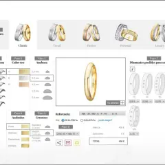 Configurador de tipos de alianzas de boda: elige modelo, oro, anchura, acabado, grosor y diamantes para tu alianza.
