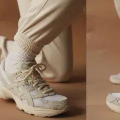 Zapatillas deportivas en color beige claro, combinadas con pantalones y calcetines del mismo tono.