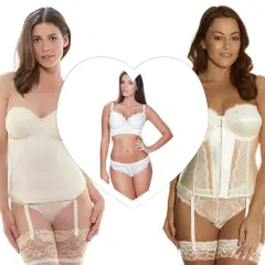 Tres mujeres en lencería, dos corsés y un conjunto de sujetador y braguita, perfectos para las picardías de novia.