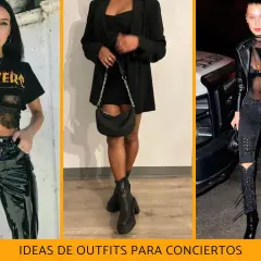 Tres ideas de outfit para concierto de noche mujer: look vinilo, vestido negro con blazer y jeans rotos con cuero.
