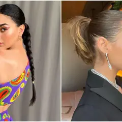 Dos mujeres con peinados recogidos. Una luce un top morado con estampado paisley y una trenza larga. La otra, de perfil, lleva un blazer negro y joyas brillantes. A pesar de los peinados, se percibe un ligero brillo que sugiere pelo graso.