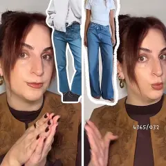 Mujer muestra diferentes estilos de los vaqueros de Zara que adelgazan, con cortes amplios y acampanados.