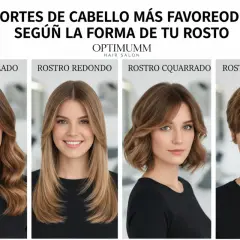 Cuatro mujeres muestran cortes de pelo ideales para diferentes formas de rostro: ovalado, redondo, cuadrado y corazón.