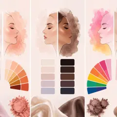 Paletas de colores para maquillaje, con rostros y telas. Incluye tonos fríos, cálidos y neutros, con un toque de color lila en una de las muestras.