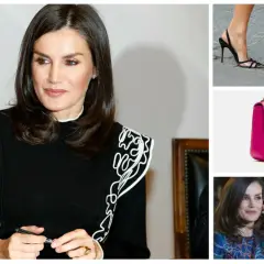 Letizia Ortiz, elegante en negro con detalles blancos, junto a un bolso fucsia y zapatos de tacón.