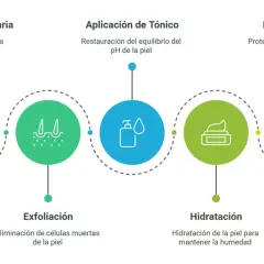 Rutina de limpieza facial: limpieza diaria, exfoliación, tónico, hidratación y protección solar para una piel radiante.