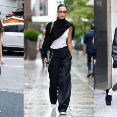 Tres mujeres con looks para hacer turismo urbano: Kendall Jenner con falda larga, Bella Hadid con pantalones anchos y Hailey Bieber con falda corta y chaqueta de cuero.