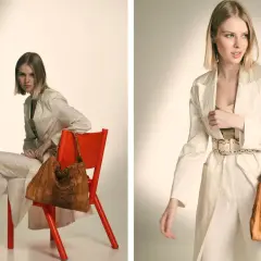 Modelo luce un traje beige y un bolso de cuero marrón con detalles calados.