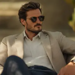 Hombre con estilo preppy, viste chaqueta beige, camisa clara y gafas de sol oscuras, relajado en un sofá.