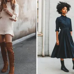 Dos mujeres lucen vestidos con botines: uno de punto beige con botas altas de ante marrón, y otro azul marino con botines negros.