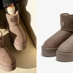 Dos tipos de botines marrones, uno puesto con calcetines de lana y otro en primer plano.