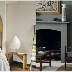 Dormitorio con cama y mesita, y salón con chimenea y sillón. El negro y gris combinan en la decoración, creando un ambiente moderno.
