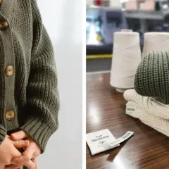 Primer plano de un cárdigan verde tejido y ovillos de hilo, mostrando diferentes tipos de fibras textiles.