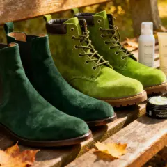 Botas de ante verde y verde lima, junto a productos para **hidratar botas de piel** y un cepillo, sobre un banco de madera con hojas de otoño.
