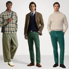 Cinco hombres lucen diferentes estilos para combinar pantalon verde. Desde looks casuales con sudaderas hasta trajes más formales con chaquetas y jerséis.