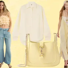 Un desfile de moda con vestidos largos, un top con volantes, jeans anchos, camisa y bolso, todos en tonos de amarillo.