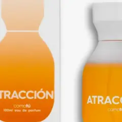 Perfume "Atracción" de Comotú, un eau de parfum para ella de Mercadona, con un diseño naranja vibrante.