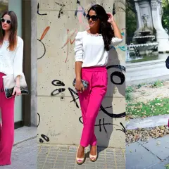 Tres mujeres lucen atuendos vibrantes con pantalones y faldas fucsias, demostrando los colores que combinan con fucsia.