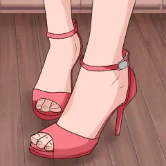 Pies con sandalias rojas y tacones de 10 cm son altos, listos para caminar con estilo sobre el suelo de madera.
