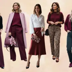 Cinco mujeres lucen atuendos elegantes en tonos burdeos, desde pantalones anchos hasta faldas satinadas y cárdigans.