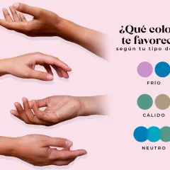 Manos de diferentes tonos de piel junto a círculos de colores que representan la **colorimetria fria**, cálida y neutra.