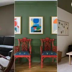 Interiores modernos con paredes verde oliva, combinaciones de colores vibrantes y muebles acogedores.