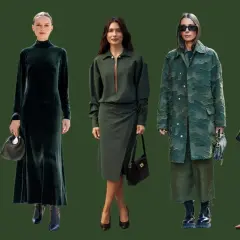 Cinco mujeres lucen atuendos en tonos de el verde, desde vestidos de terciopelo hasta abrigos texturizados y minivestidos elegantes.